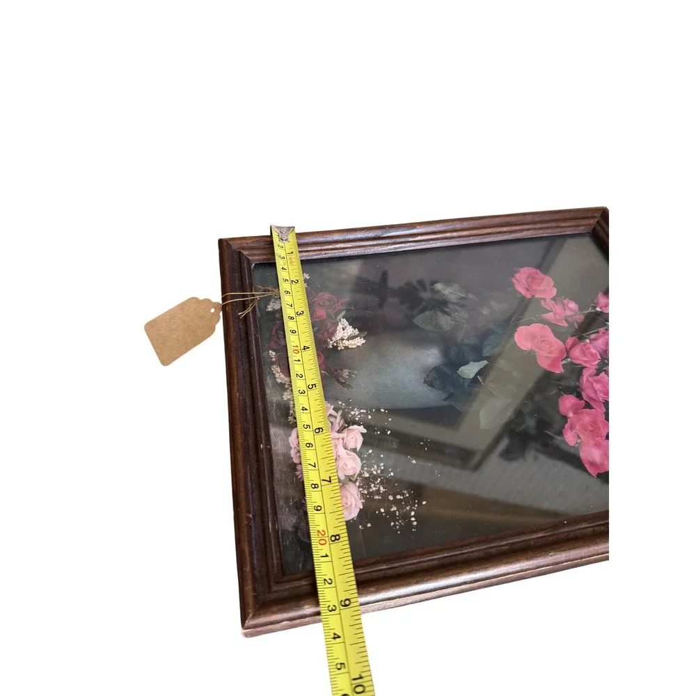 Vintage Framed Pink Rose Floral Still Life Dark Wood Frame 8x10 Cottagecore